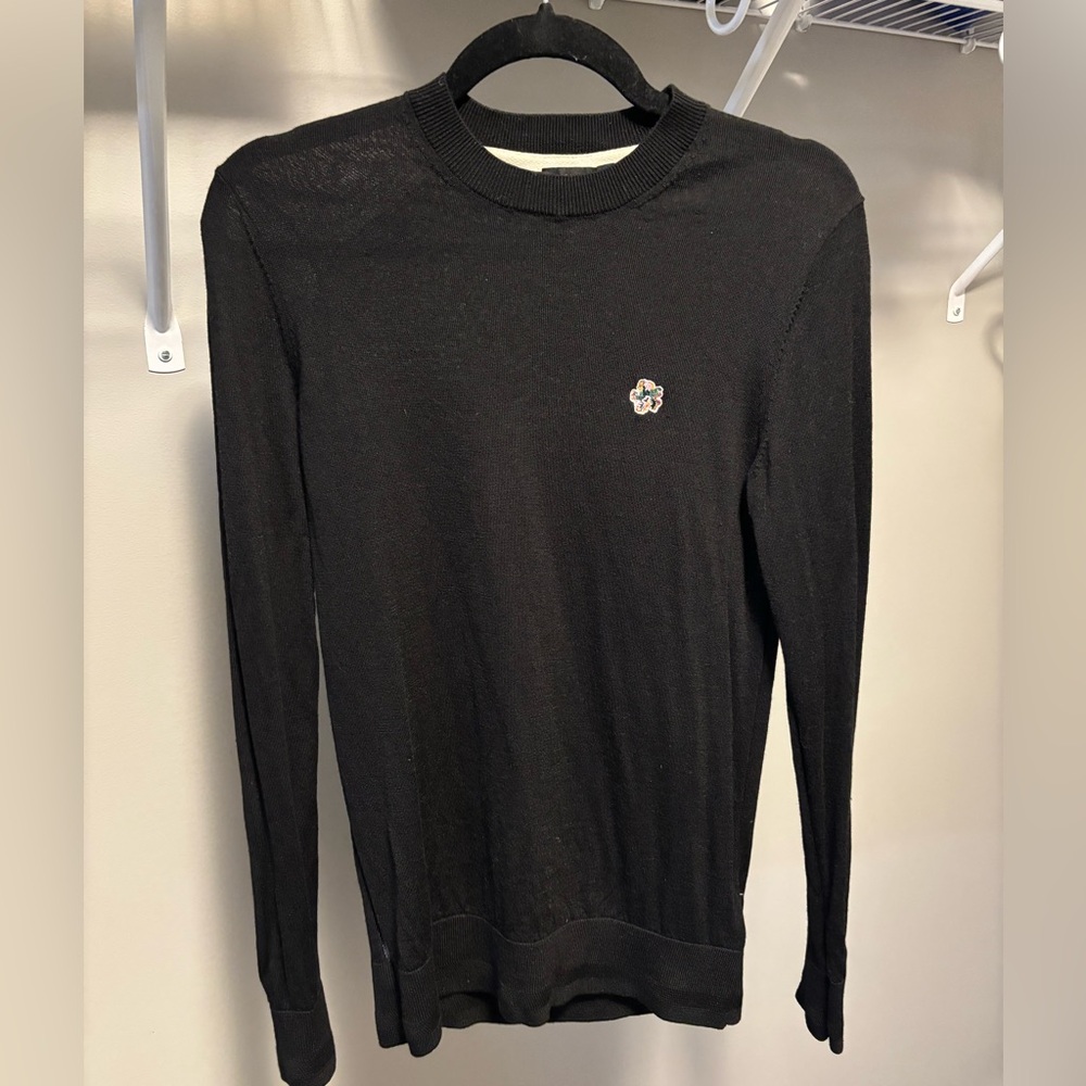 Ted Baker London Black Long Sleeve Crewneck Sweater with Small Floral Patch
